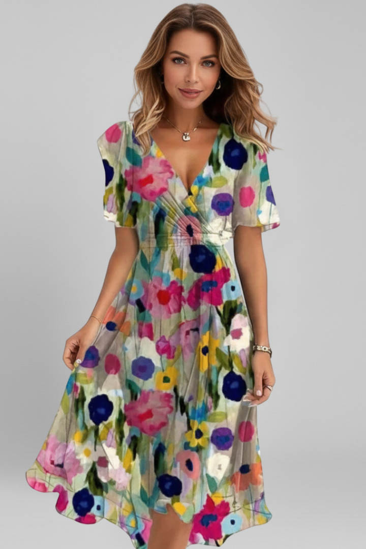 Women’s Midi Dress with V Neck and Pattern