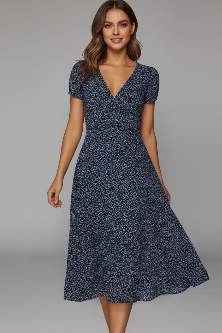 Women’s Midi Dress with V Neckline and Short Sleeves