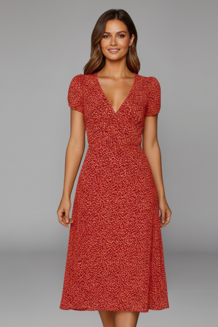 Women’s Midi Dress with V Neckline and Short Sleeves