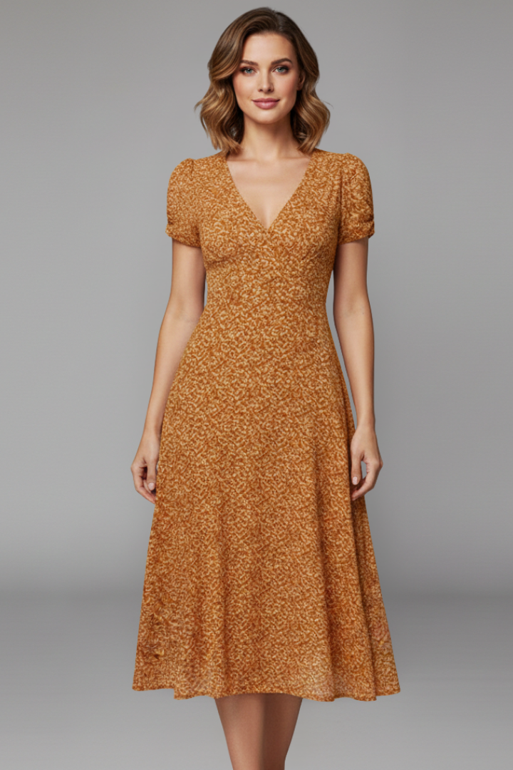 Women’s Midi Dress with V Neckline and Short Sleeves