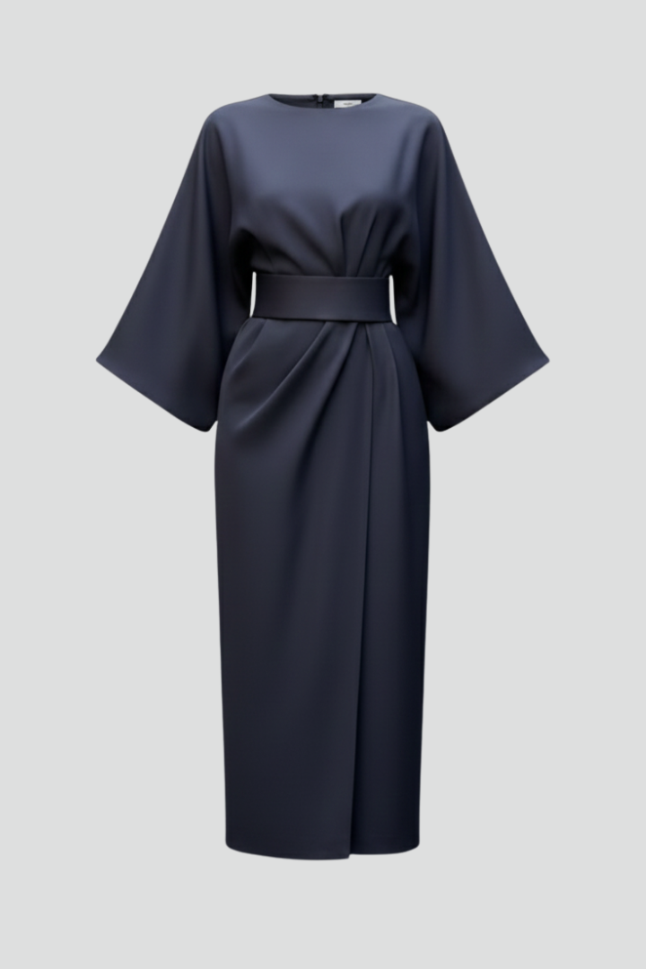 Women’s Midi Dress with Wide Sleeves and Belted Waist
