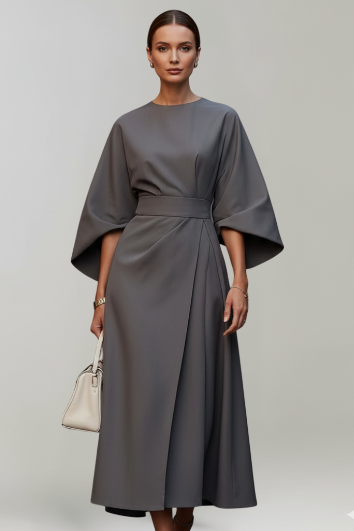 Women’s Midi Dress with Wide Sleeves and Belted Waist
