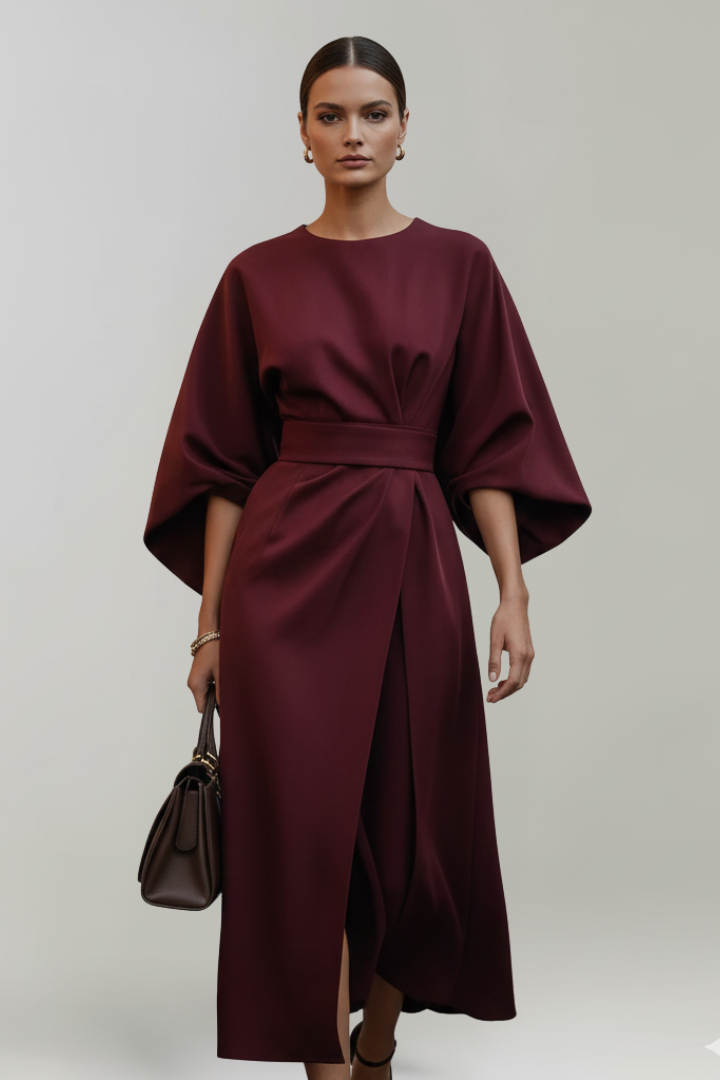 Women’s Midi Dress with Wide Sleeves and Belted Waist