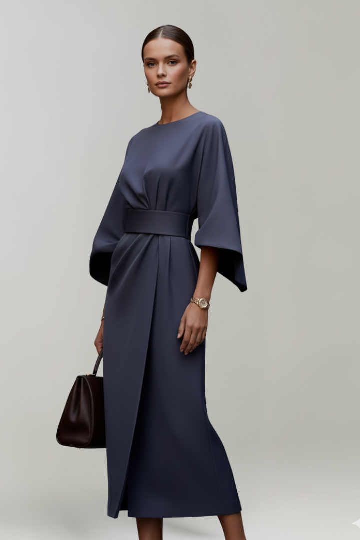 Women’s Midi Dress with Wide Sleeves and Belted Waist