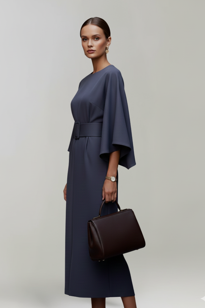Women’s Midi Dress with Wide Sleeves and Belted Waist