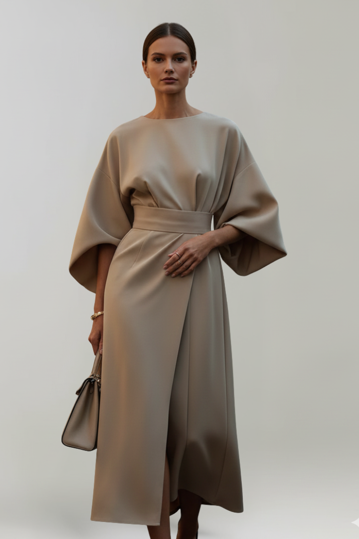 Women’s Midi Dress with Wide Sleeves and Belted Waist