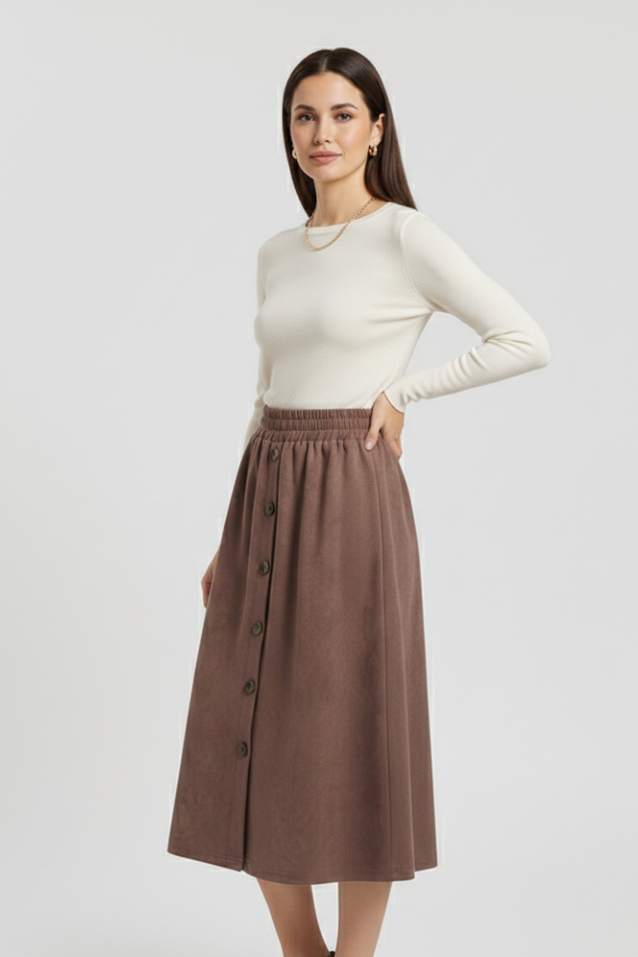 Women’s Midi Skirt with Button Front and Elastic Waist