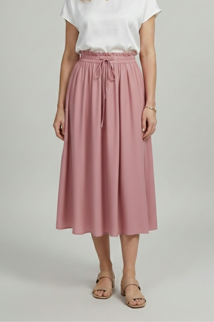 Women’s Midi Skirt with Elastic Waist and Drawstring