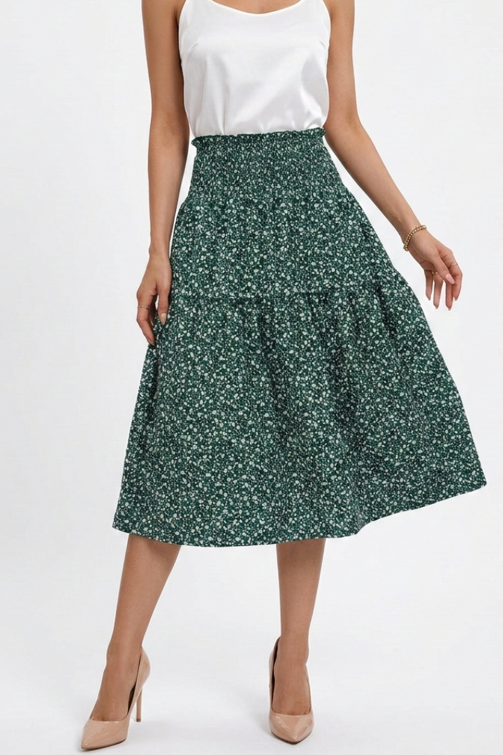 Women’s Midi Skirt with Elastic Waist and Floral Print