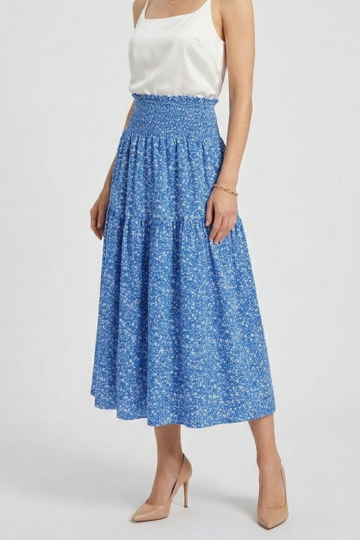 Women’s Midi Skirt with Elastic Waist and Floral Print