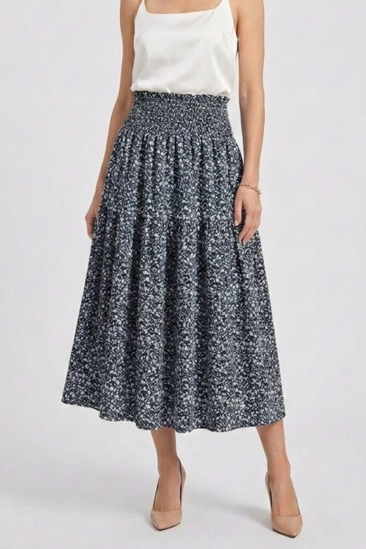 Women’s Midi Skirt with Elastic Waist and Floral Print