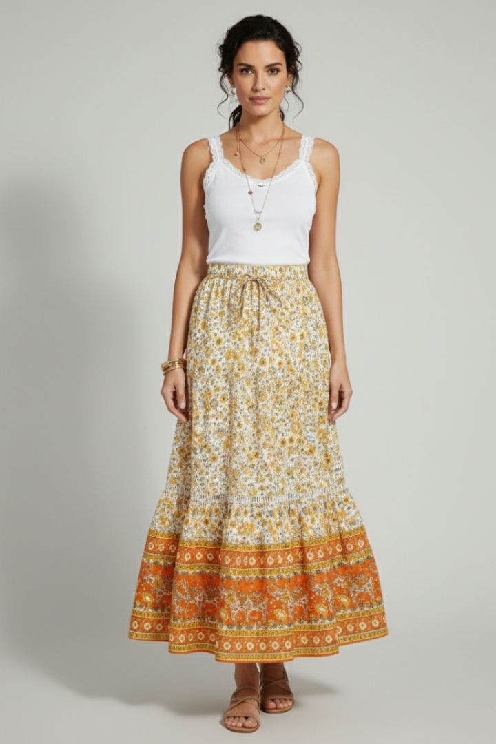 Women’s Midi Skirt with Elastic Waist and Printed Border