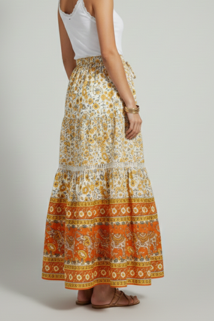 Women’s Midi Skirt with Elastic Waist and Printed Border