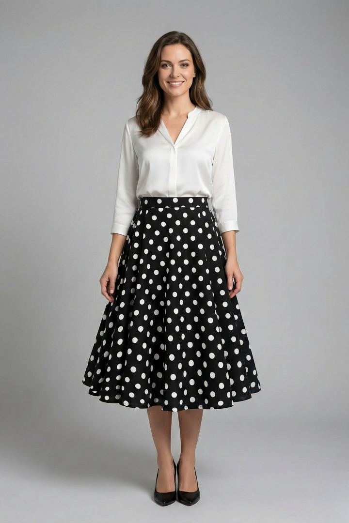 Women’s Midi Skirt with High Waist and Polka Dot Print