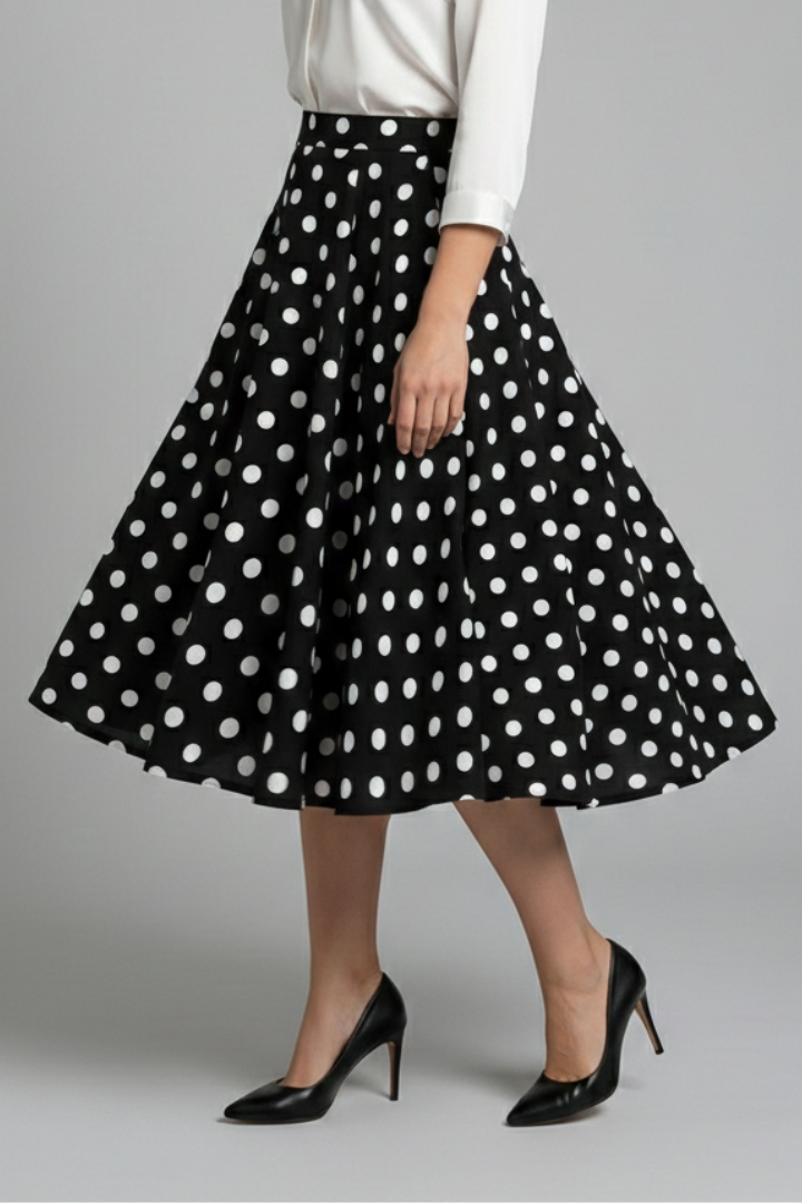 Women’s Midi Skirt with High Waist and Polka Dot Print