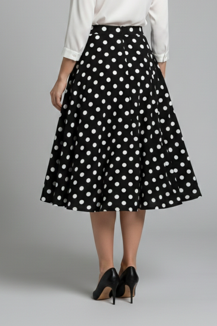 Women’s Midi Skirt with High Waist and Polka Dot Print