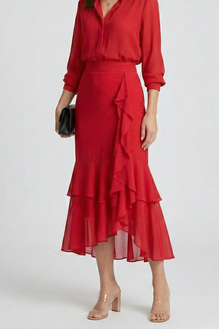 Women’s Midi Skirt with High Waist and Ruffle Layersa