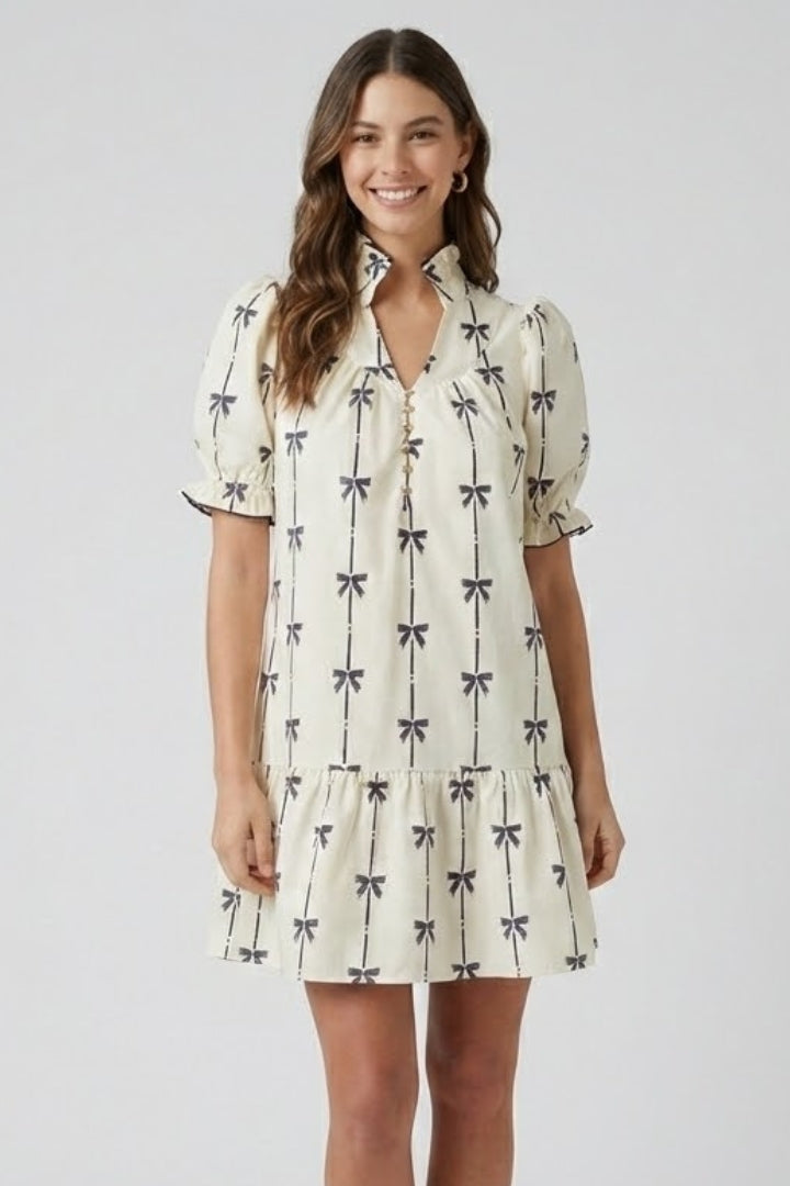 Women’s Mini Dress with Bow Print and Puff Sleeves