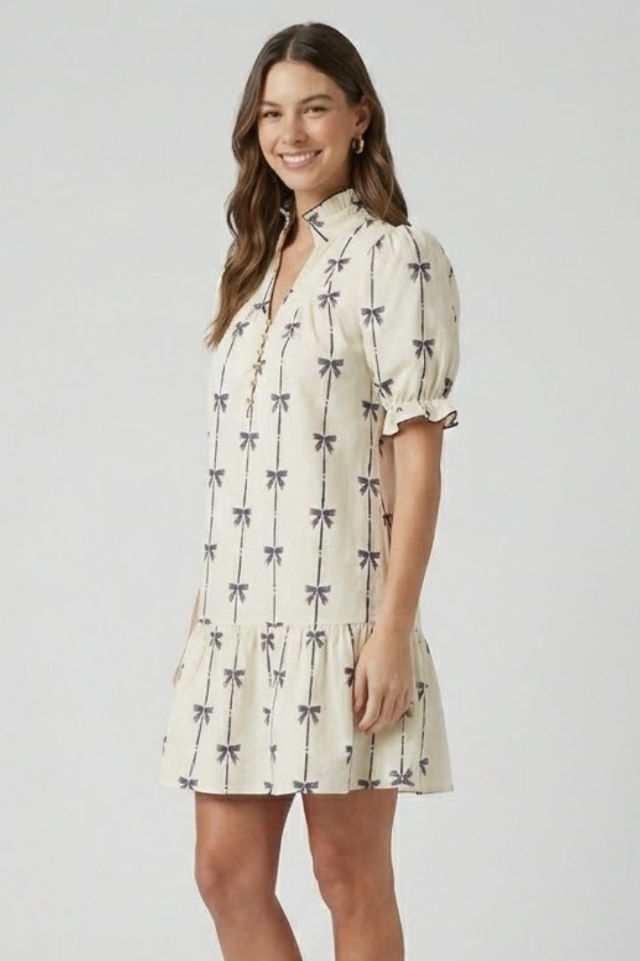 Women’s Mini Dress with Bow Print and Puff Sleeves