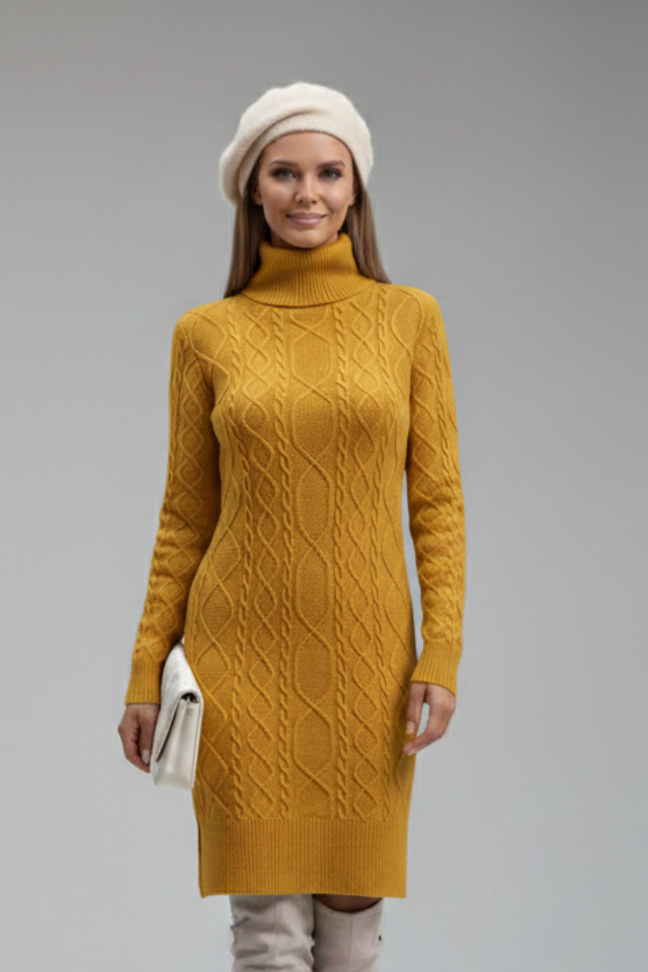 Women’s Mini Dress with Roll Neck and Cable Pattern