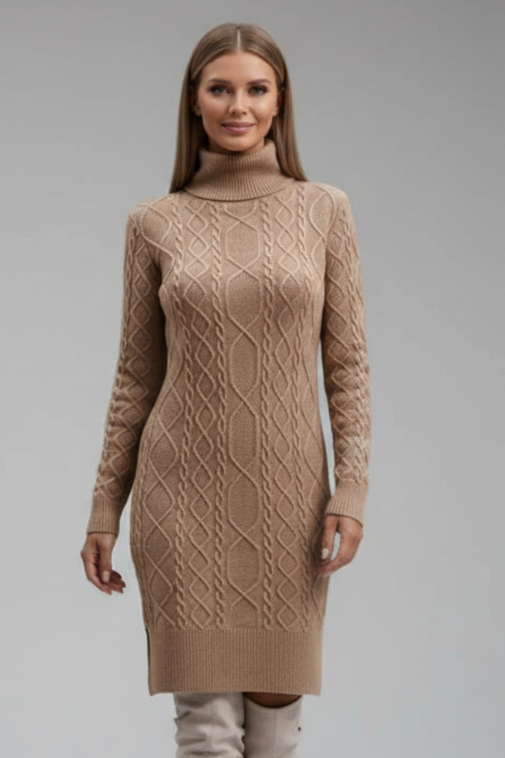 Women’s Mini Dress with Roll Neck and Cable Pattern