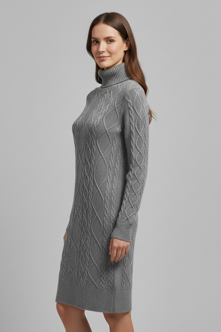 Women’s Mini Dress with Roll Neck and Cable Pattern