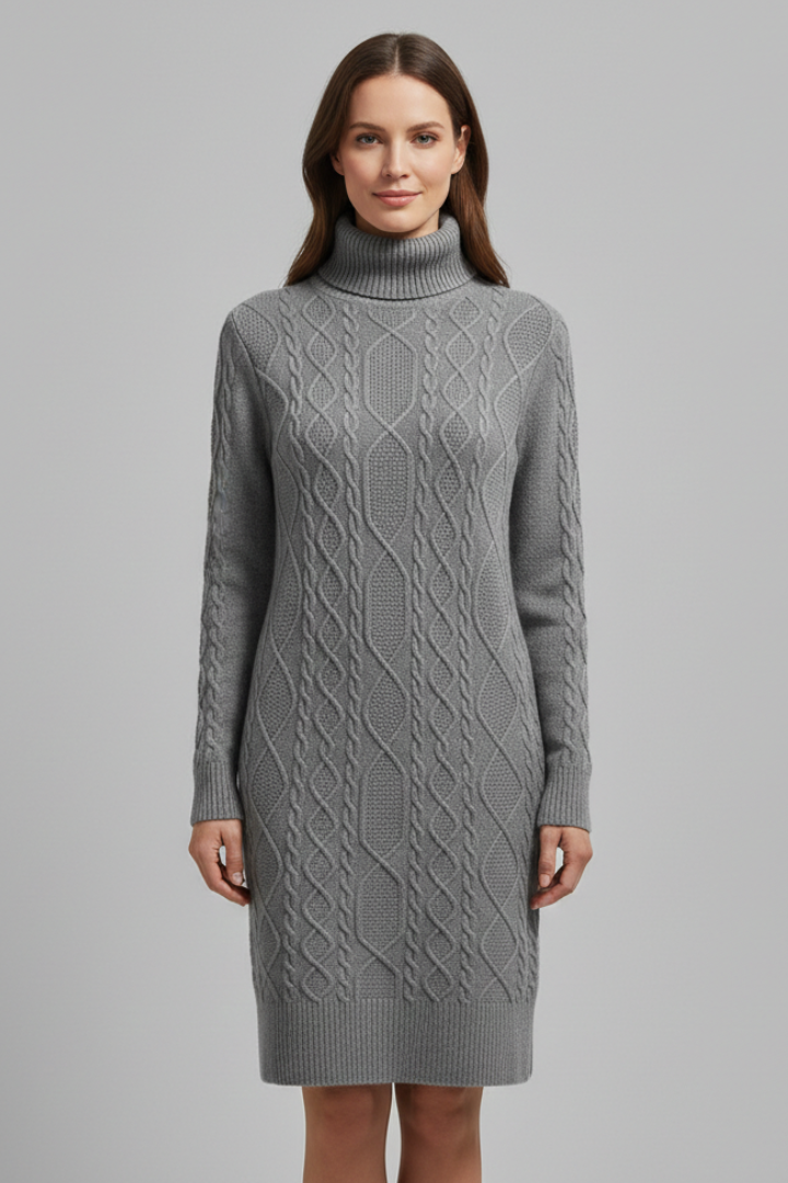 Women’s Mini Dress with Roll Neck and Cable Pattern