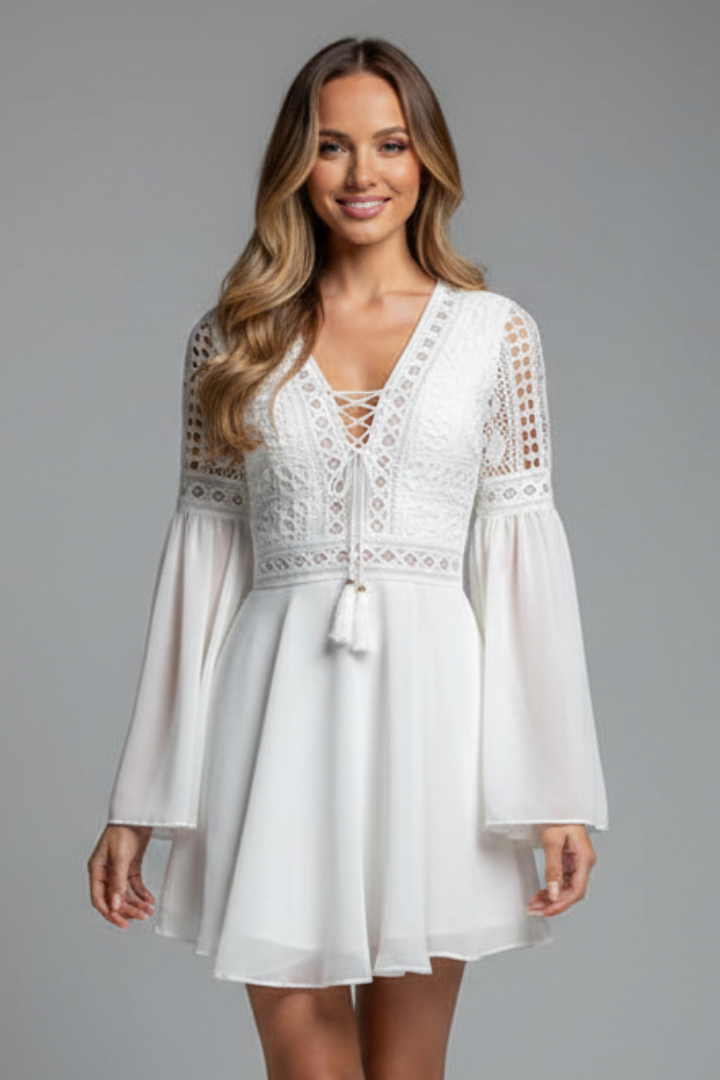 Women’s Mini Dress with V-Neck and Trumpet Sleeves