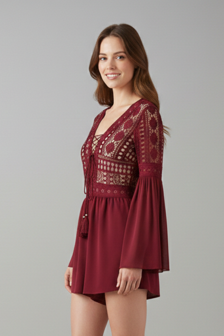 Women’s Mini Dress with V-Neck and Trumpet Sleeves