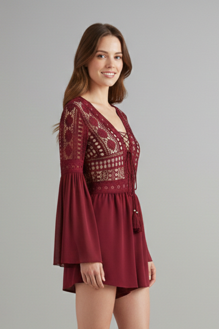 Women’s Mini Dress with V-Neck and Trumpet Sleeves