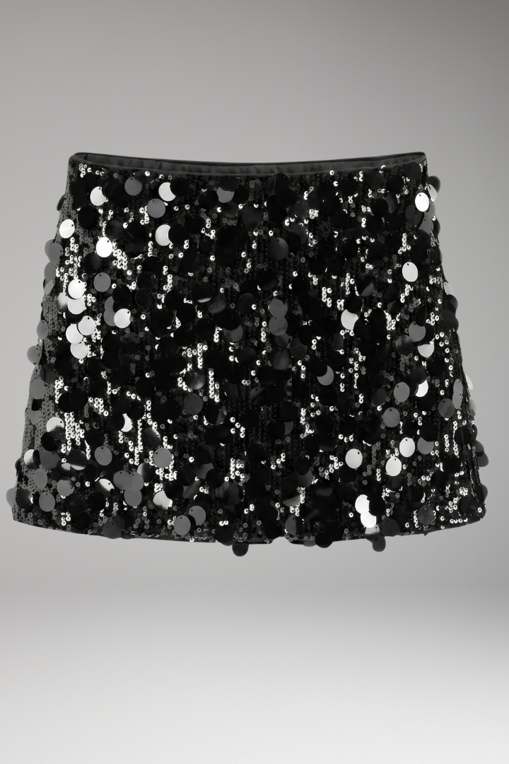 Women’s Mini Skirt with Fitted Waist and Sequin Surface