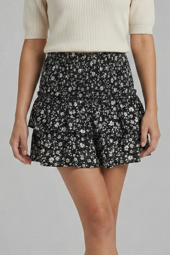 Women’s Mini Skirt with Shirred Waist and Ruffle Layers