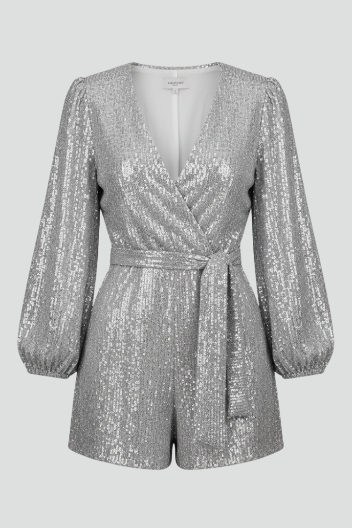 Women’s One-Piece Suit with V-Neck and Textured Sequin Surface