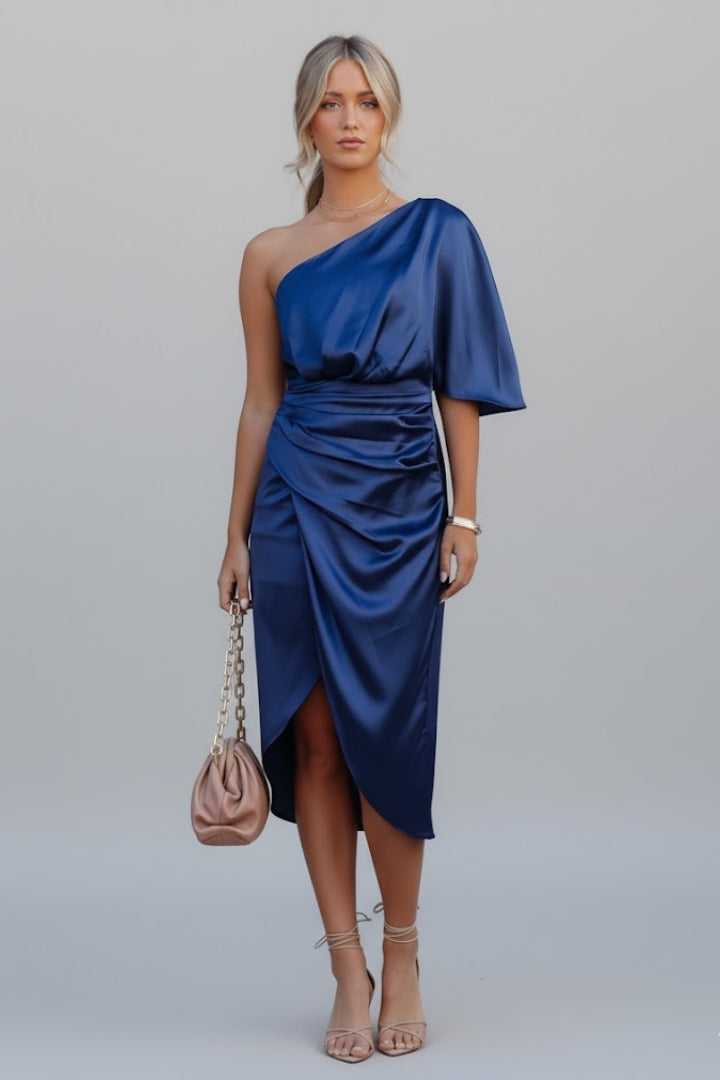 Women’s One Shoulder Midi Dress with Draped Waist