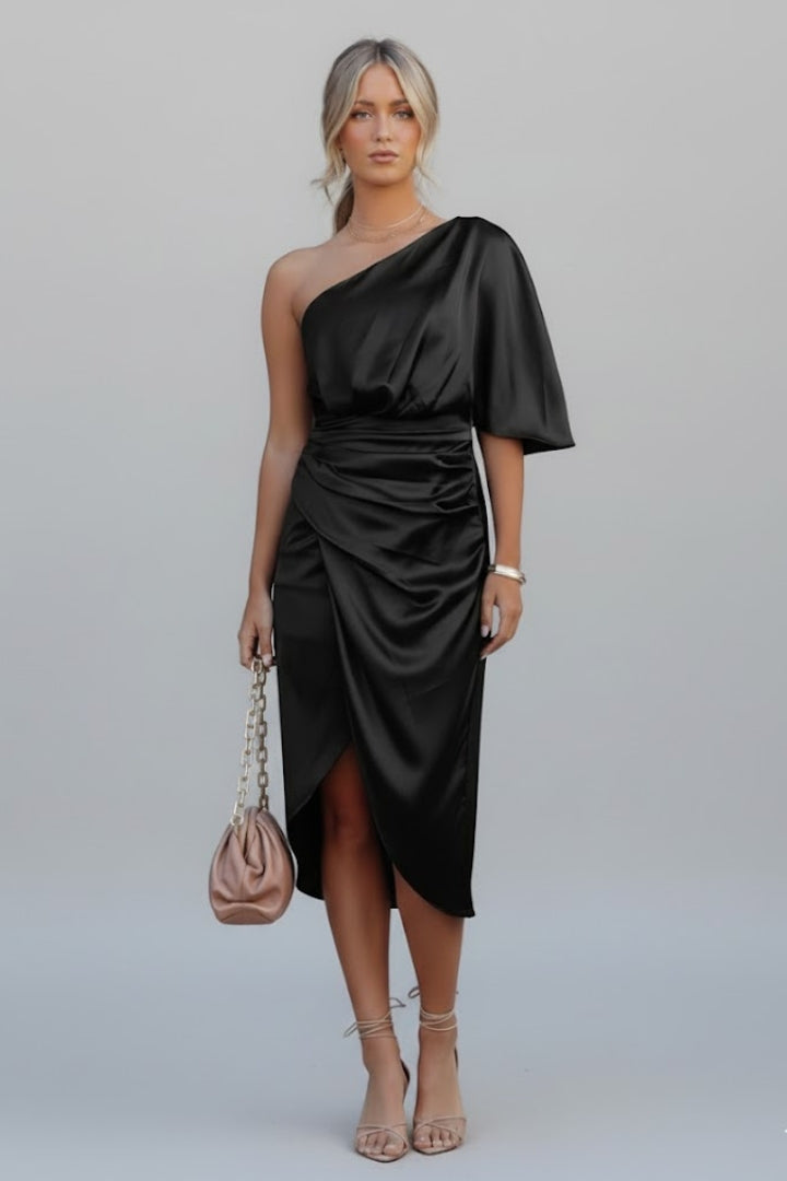 Women’s One Shoulder Midi Dress with Draped Waist