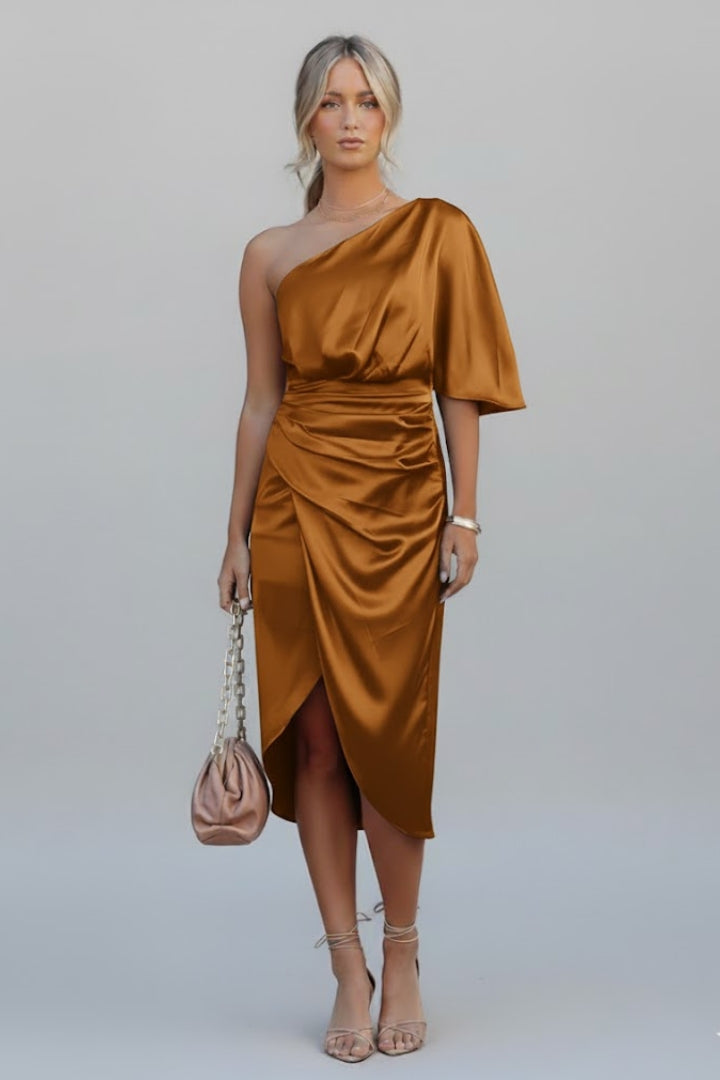 Women’s One Shoulder Midi Dress with Draped Waist