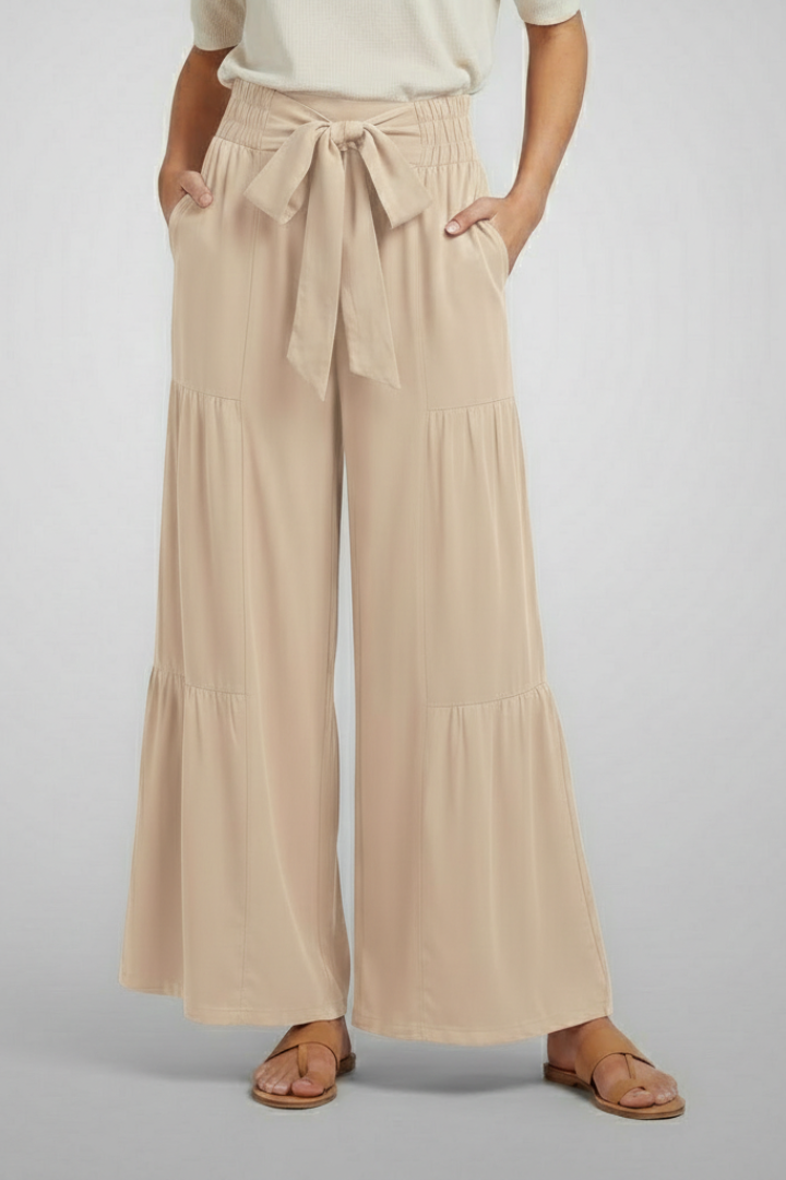 Women’s Palazzo Trousers with Tie Belt and Ruffle Panels
