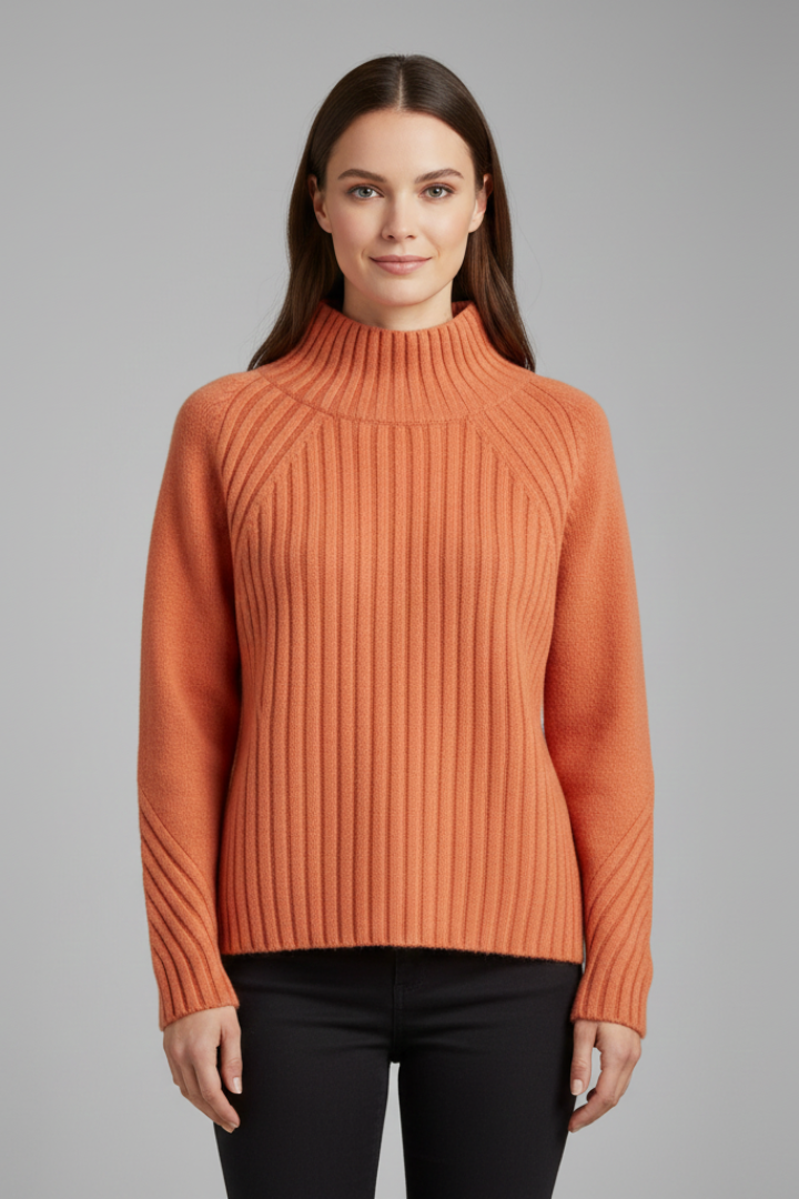 Women’s Polo Neck Jumper with Ribbed Cuffs and Straight Hem