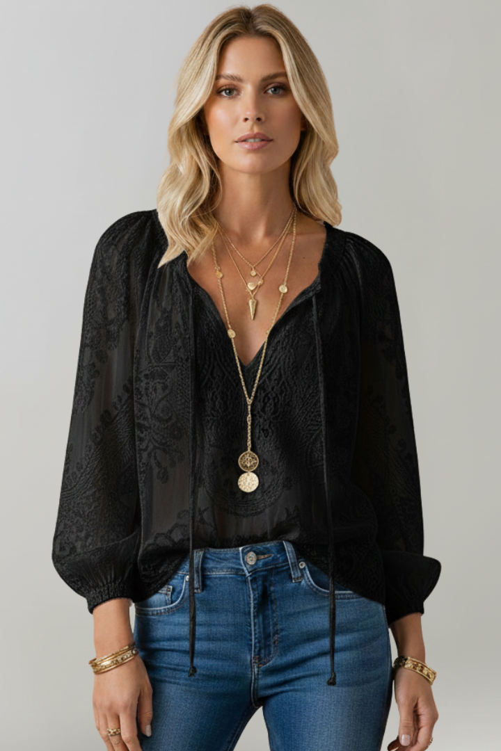 Women’s Sheer Blouse with Crochet Detail and Tie Neckline