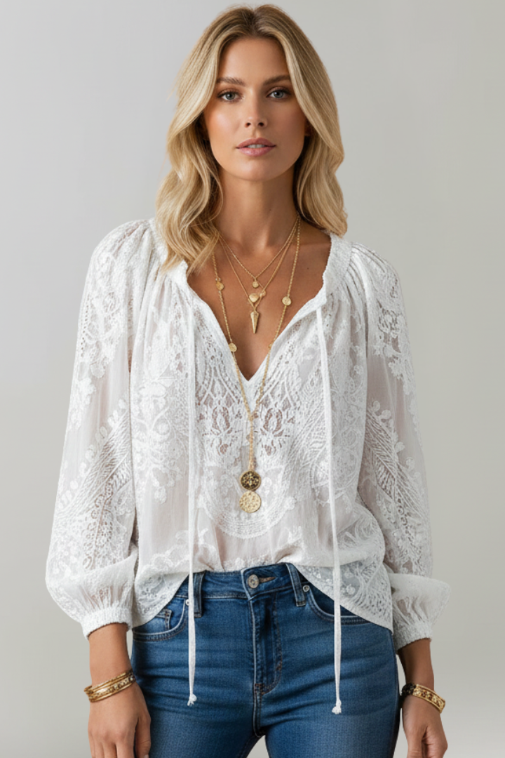 Women’s Sheer Blouse with Crochet Detail and Tie Neckline