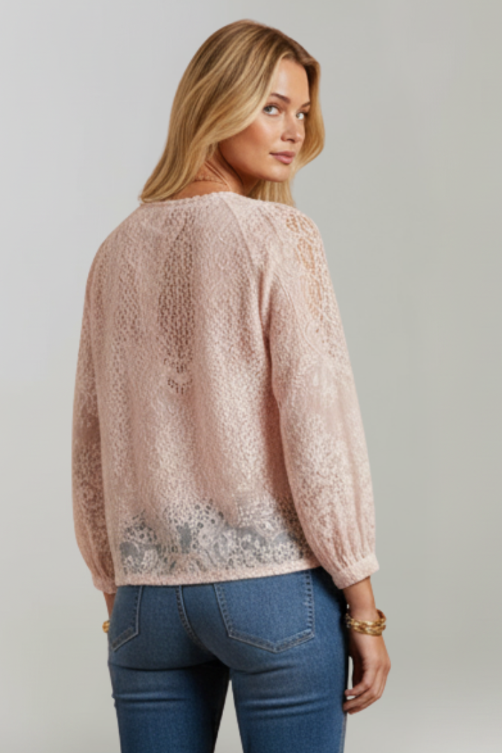 Women’s Sheer Blouse with Crochet Detail and Tie Neckline