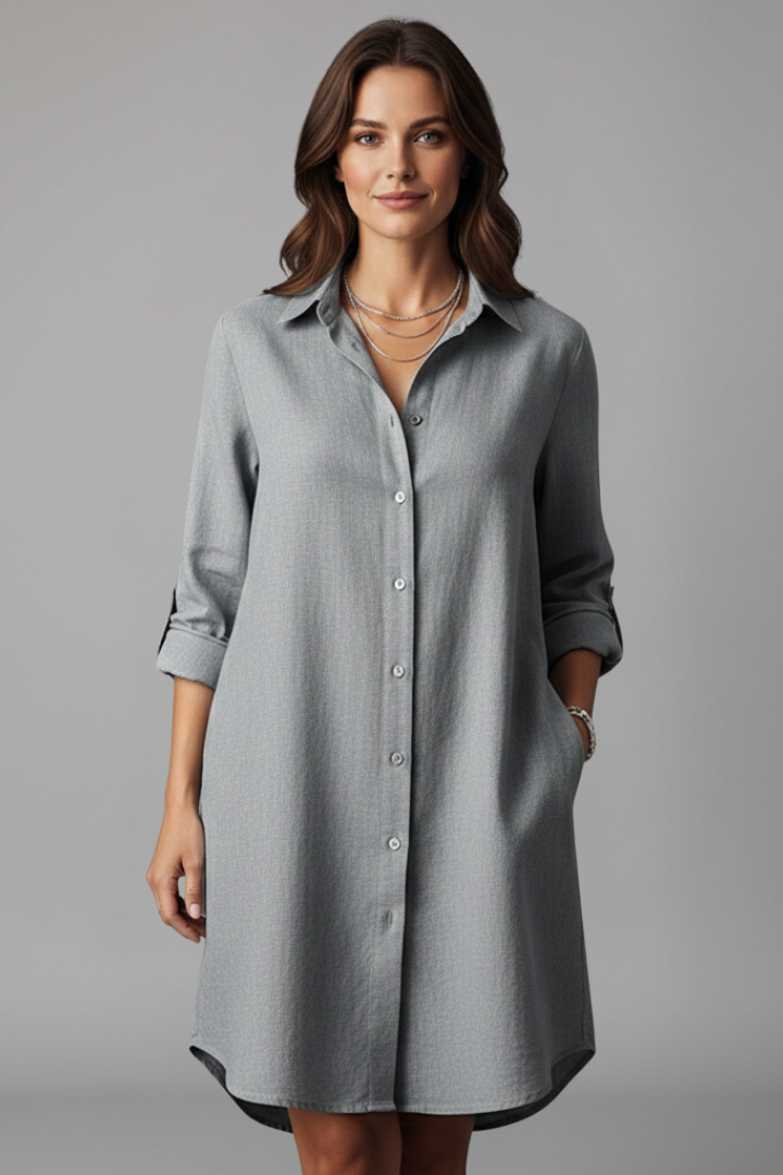 Women’s Shirt Dress with Turned Collar and Button Closure