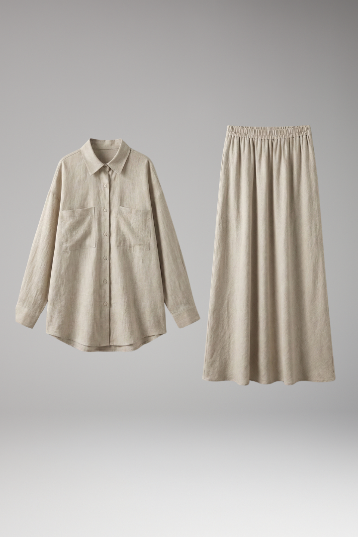 Women’s Shirt and Skirt Set with Button Fastening and Elastic Waist