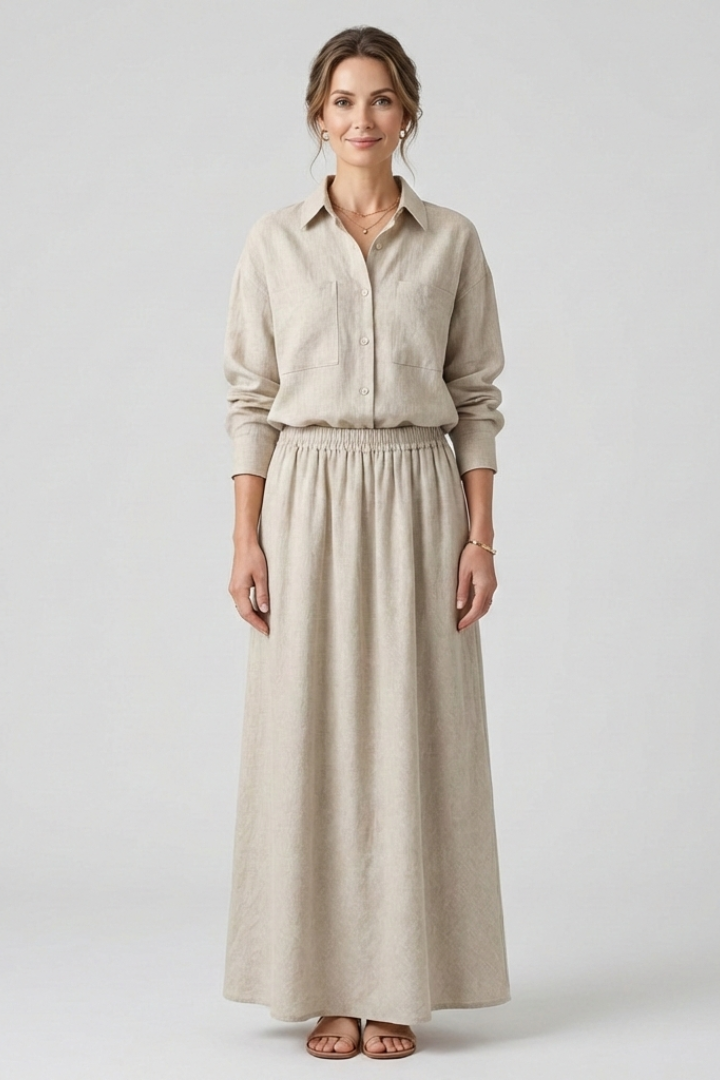 Women’s Shirt and Skirt Set with Button Fastening and Elastic Waist