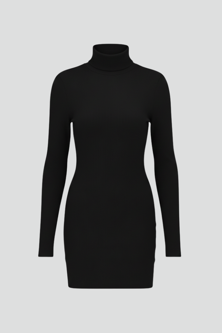 Women’s Short Dress with High Neckline and Long Sleeves