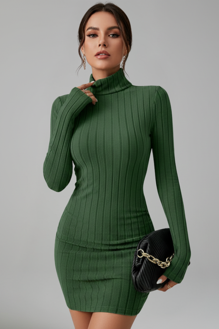 Women’s Short Dress with High Neckline and Long Sleeves