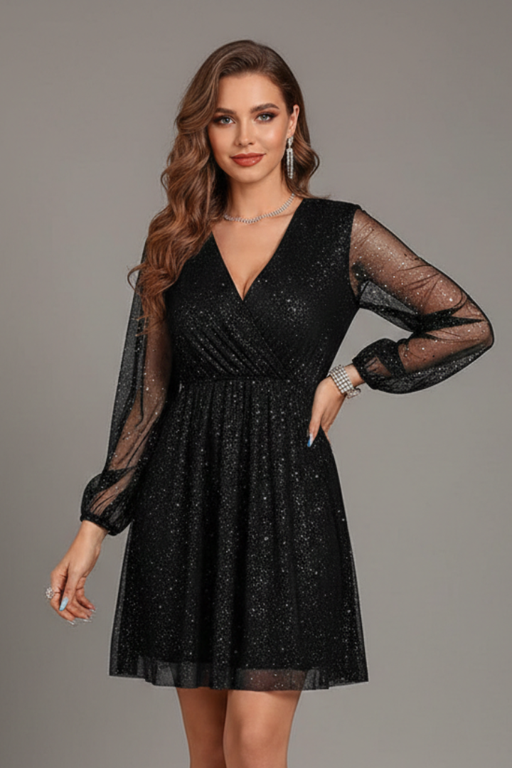 Women's Short Dress with V-Neck and Sheer Sleeves