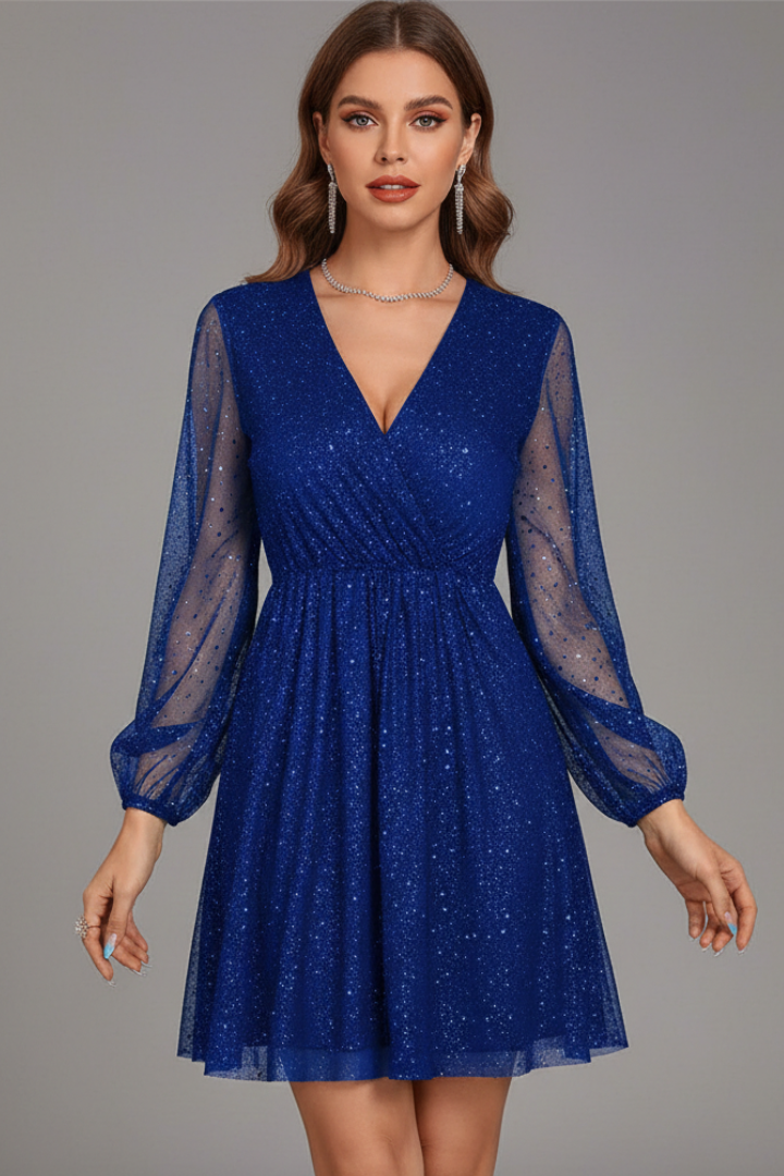 Women's Short Dress with V-Neck and Sheer Sleeves