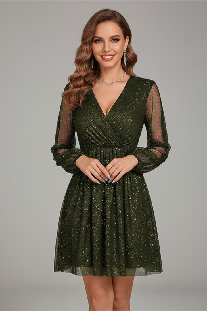 Women's Short Dress with V-Neck and Sheer Sleeves