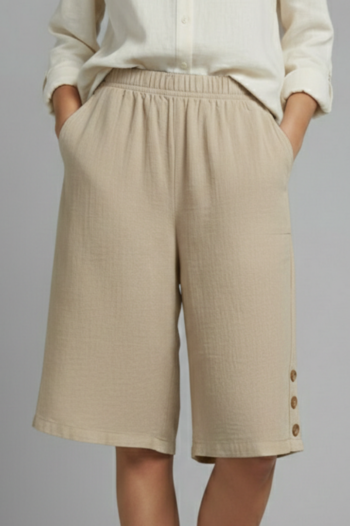 Women’s Shorts with Elastic Waist and Button Detail